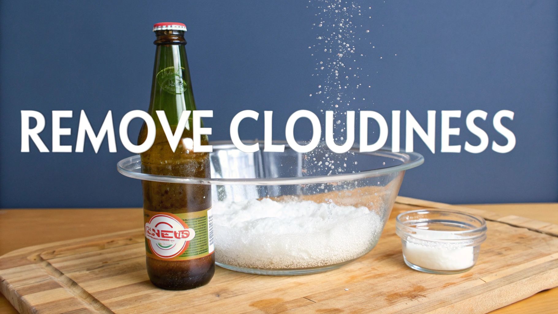 A vintage glass bottle next to a bowl with foamy liquid, as powder is sprinkled to remove cloudiness.