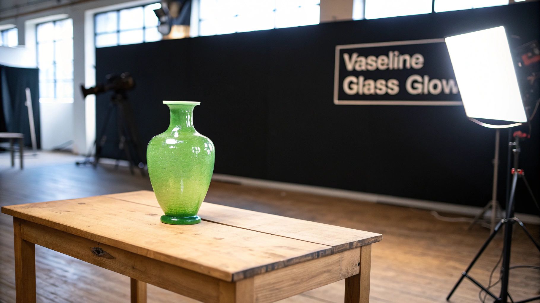 A vibrant green Vaseline glass vase on a wooden table in a studio with a 'Vaseline Glass Glow' sign.