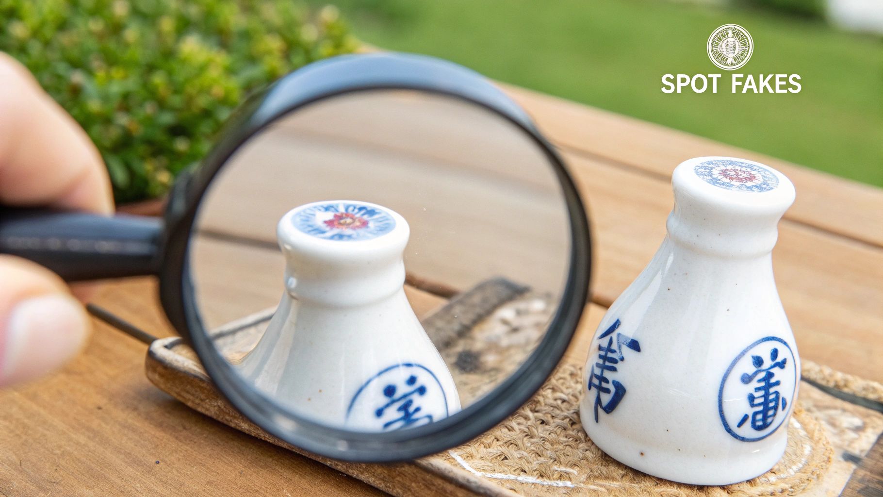A magnifying glass held over a white ceramic bottle with blue designs, checking for fakes.
