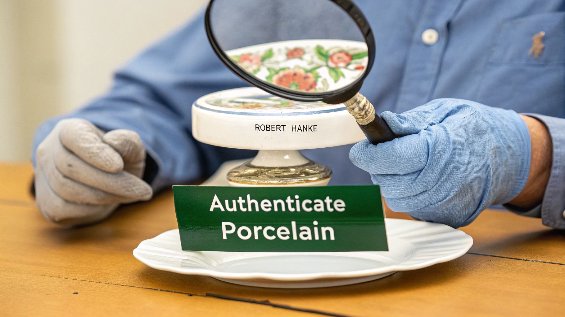 A person in gloves uses a magnifying glass to inspect Robert Hanke porcelain for authenticity.