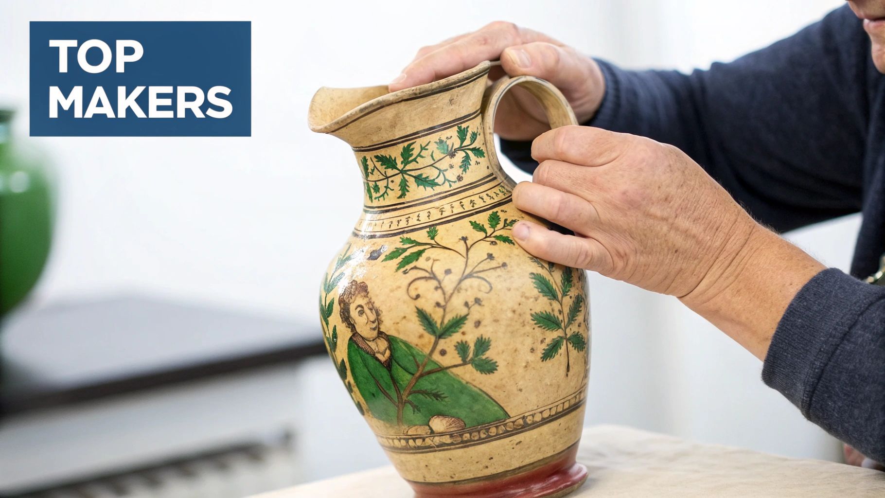 A person's hands carefully inspect an antique pottery jug with intricate green and brown painted designs.