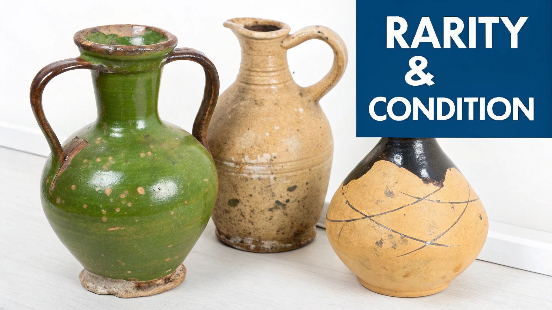 Three antique pottery vessels, including a green two-handled jar and a speckled brown jug, on a white surface.