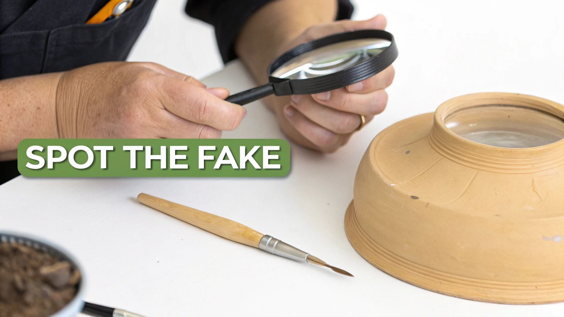 An expert uses a magnifying glass to inspect an inverted ceramic pot on a white surface.