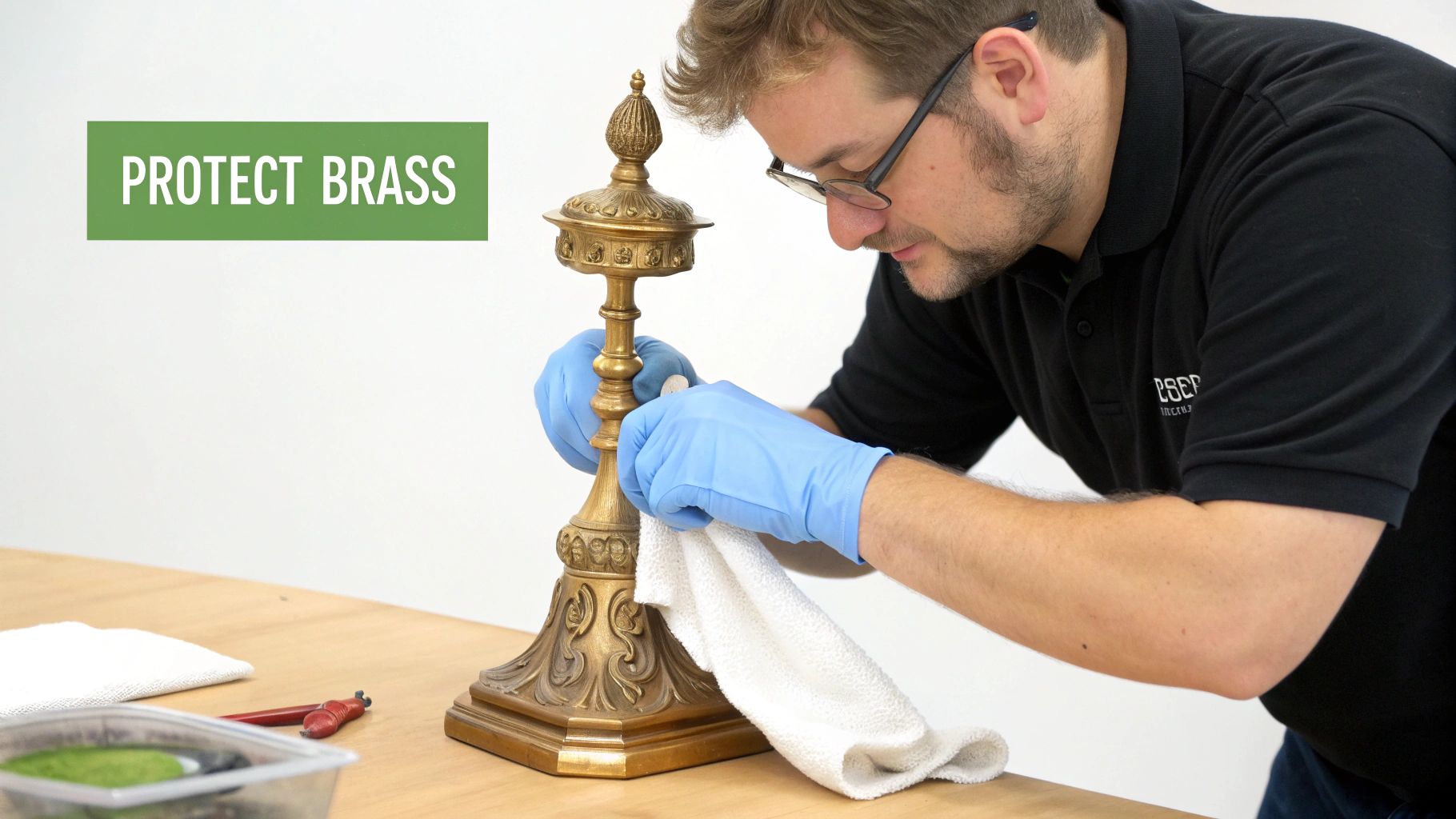 A person's hand applying a thin layer of wax to a cleaned antique brass doorknob with a soft cloth.