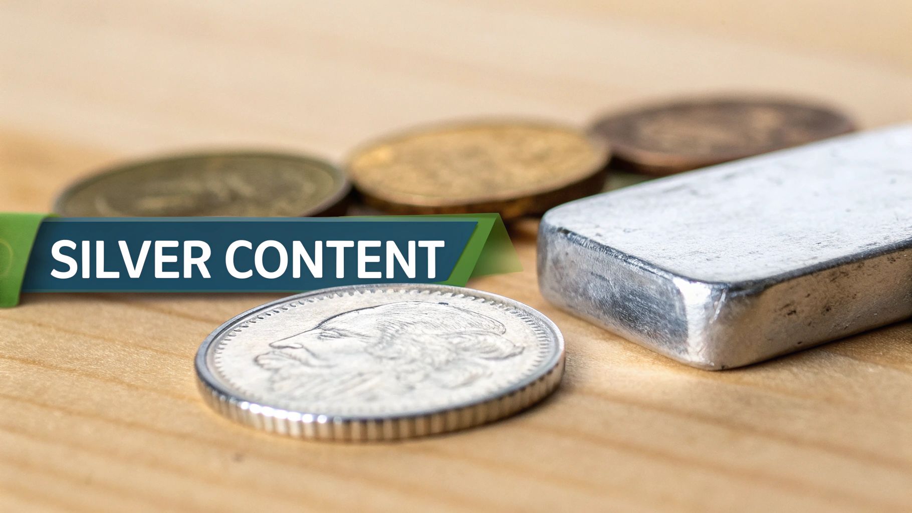 Silver coin, silver bar, and other coins on a wooden surface with a 'SILVER CONTENT' banner.