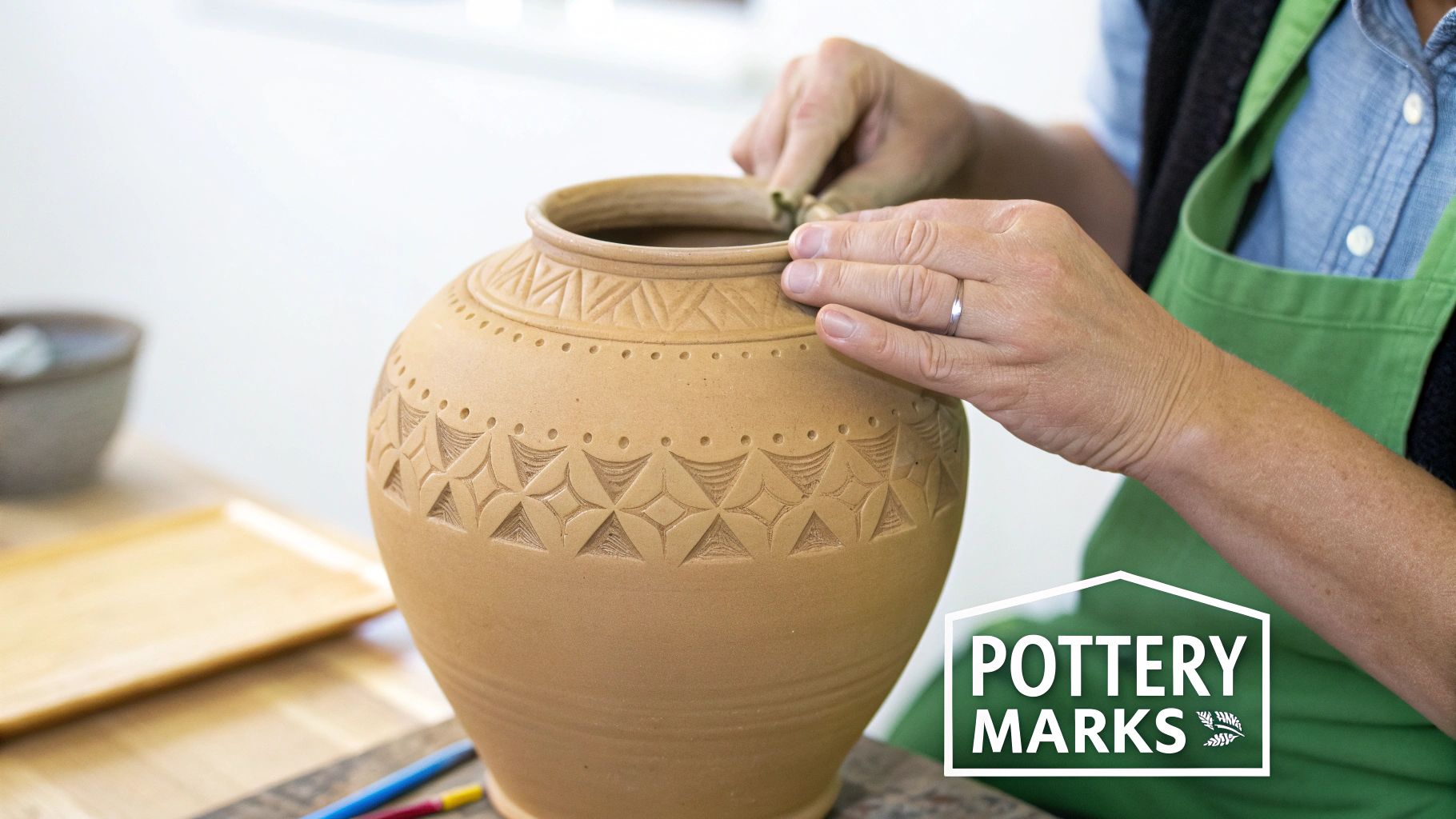 Hands meticulously carving decorative patterns into a clay pot, showcasing pottery craftsmanship.