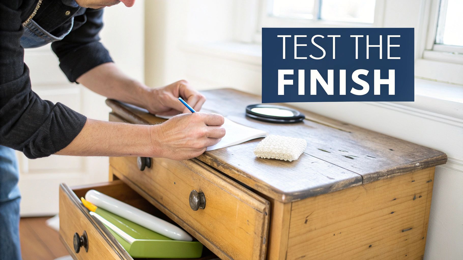 A person carefully dusting an ornate antique wooden dresser with a soft brush.