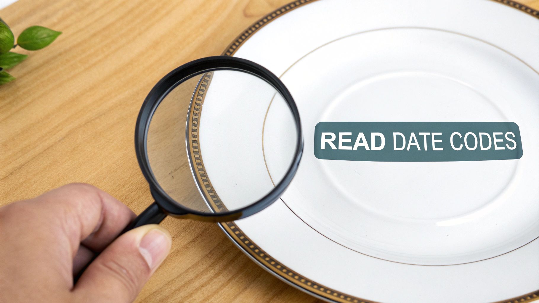 A hand uses a magnifying glass to read 'READ DATE CODES' on a white plate.