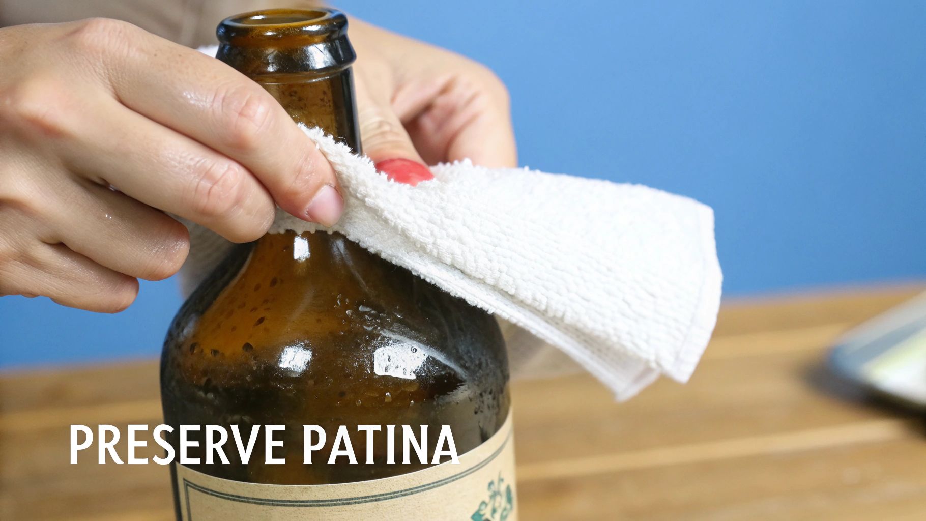 A person's hands are gently wiping a brown glass bottle with a white cloth to preserve its patina.