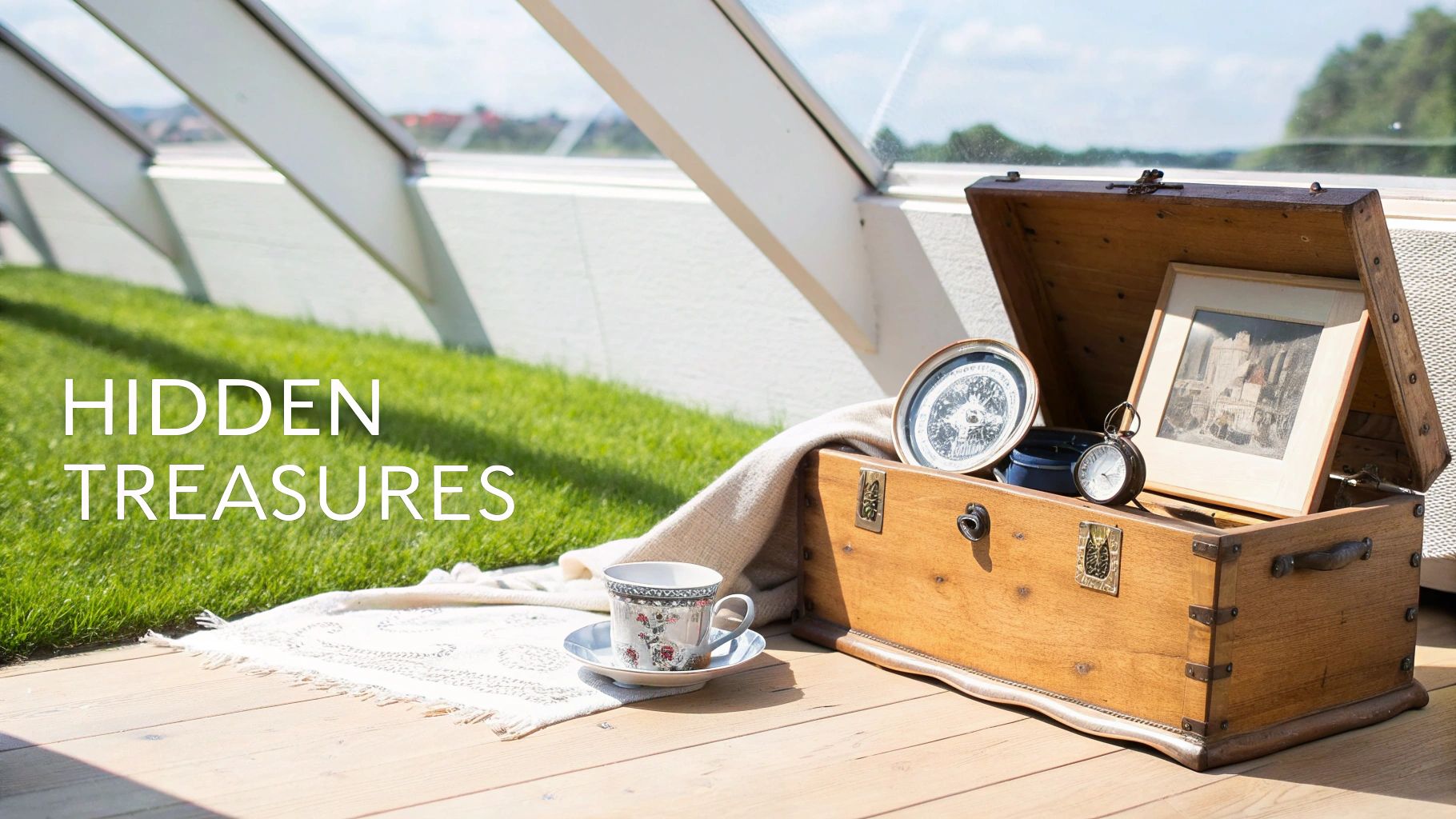 An open antique wooden treasure chest on a deck, filled with a compass, pocket watch, and framed art.