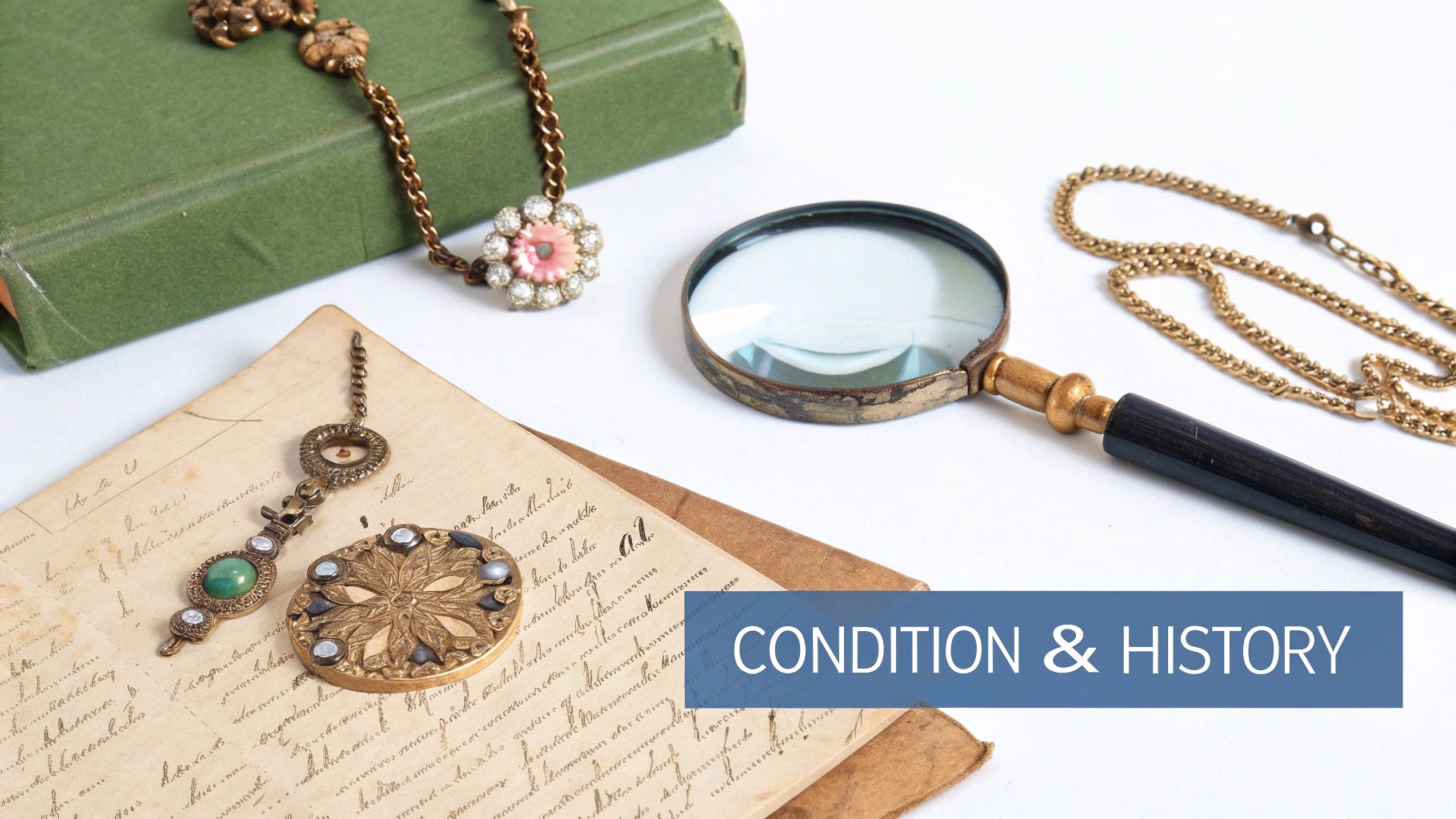 An arrangement of antique objects including a green book, a floral necklace, a magnifying glass, and historical documents.