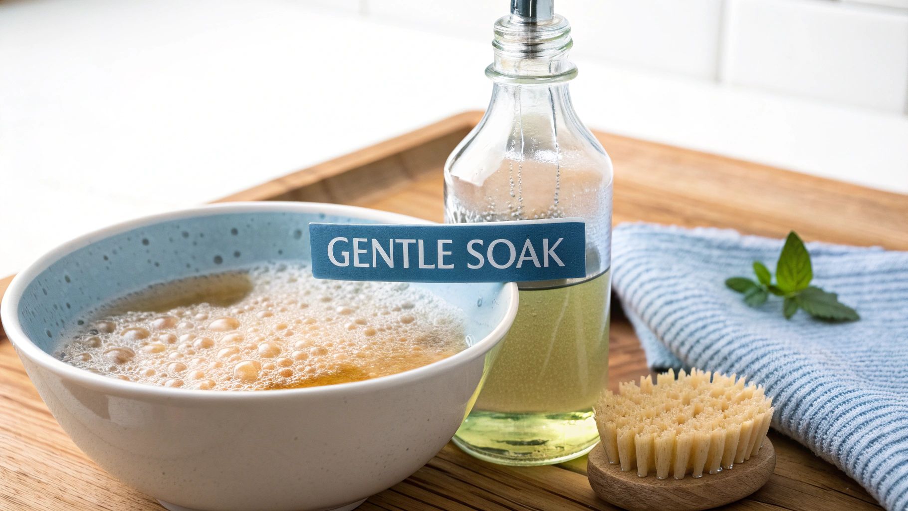 A bowl with bubbly gentle soak, liquid soap bottle, brush, and towel on a wooden tray.