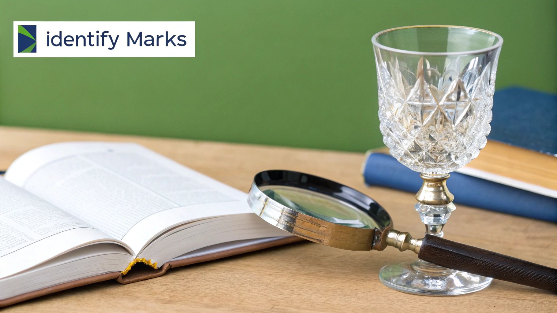 A magnifying glass held over the base of a crystal goblet, revealing a tiny acid-etched maker's mark.