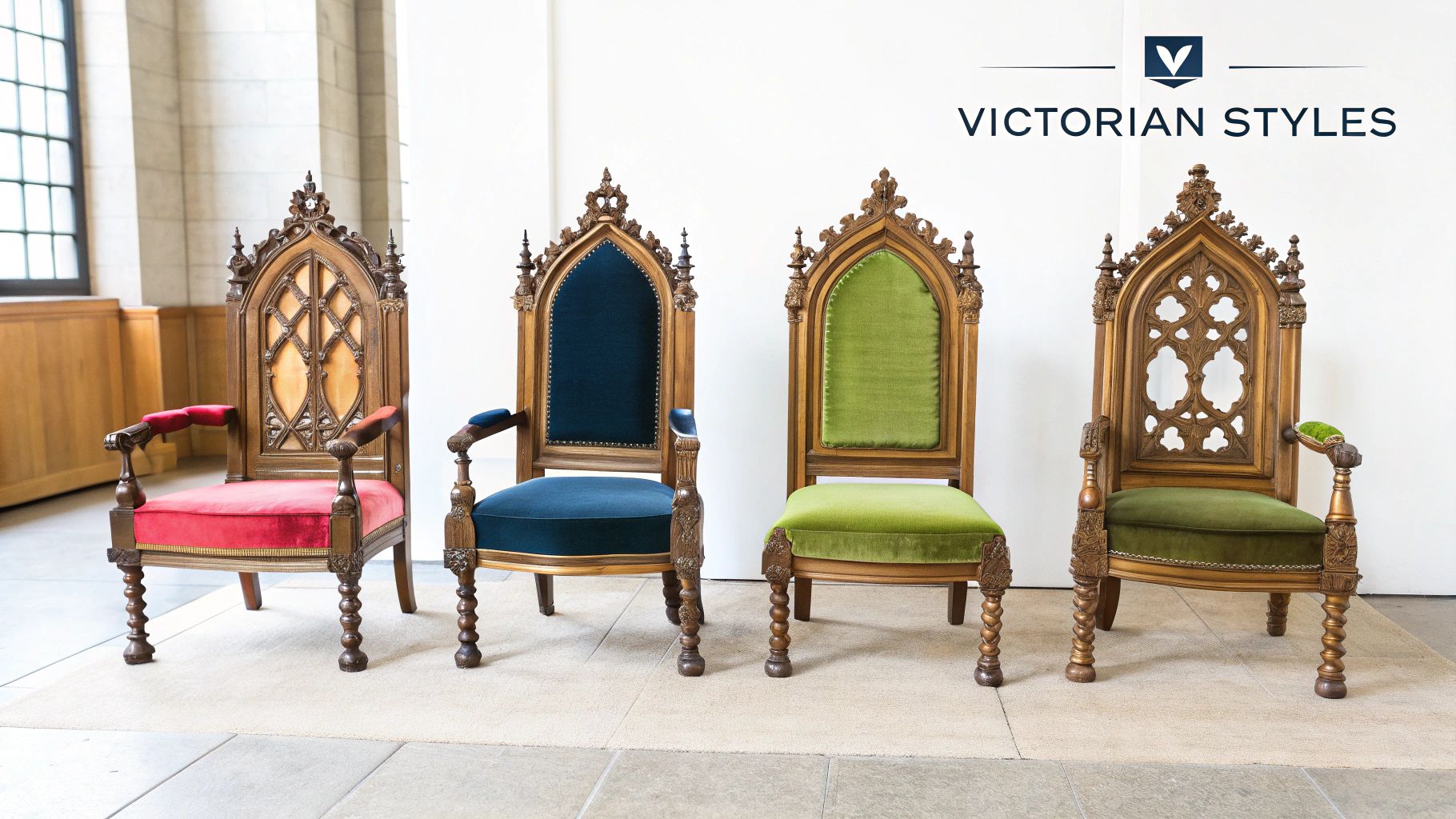 Four ornate Victorian-style wooden chairs with velvet cushions in various colors.