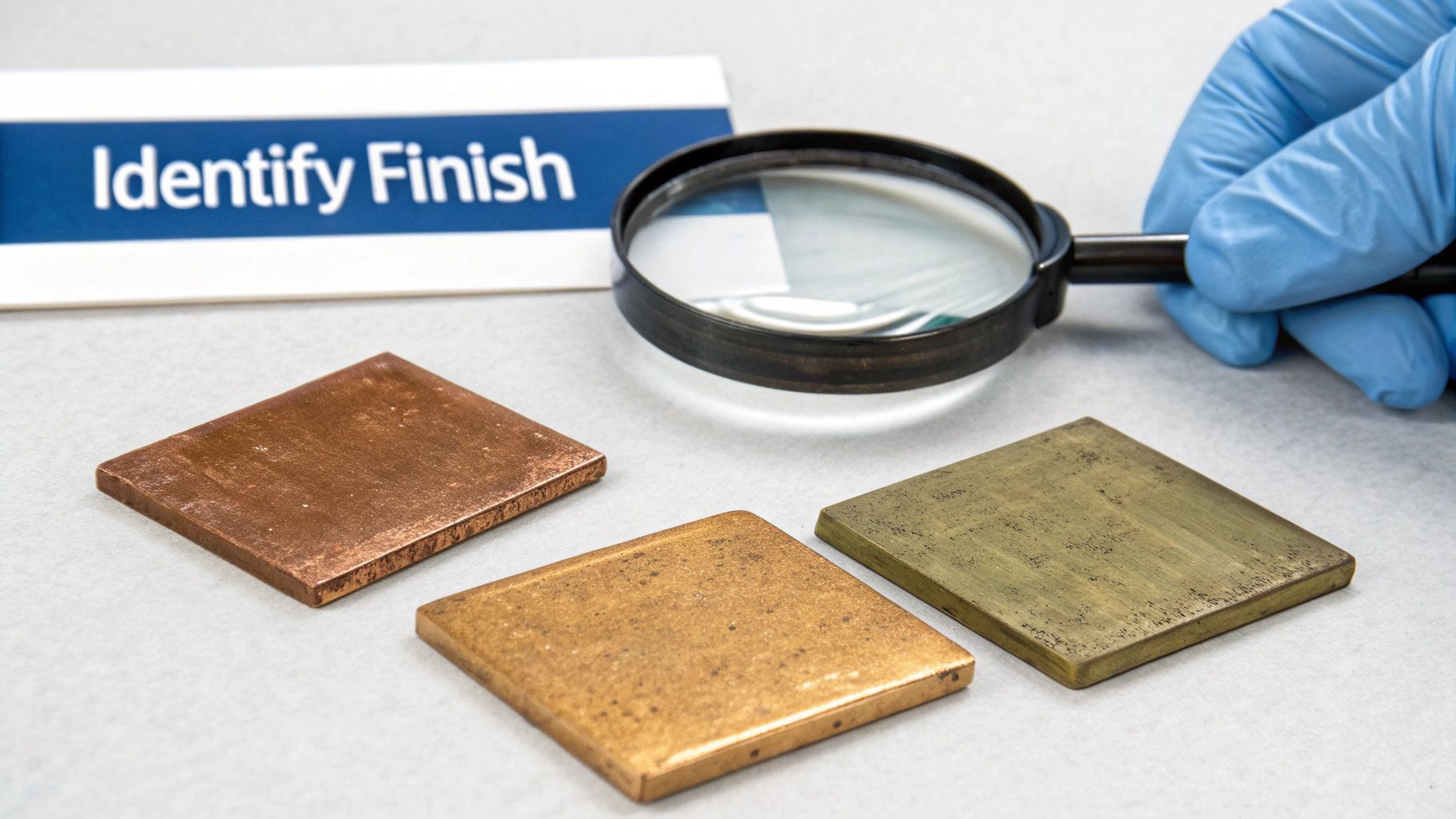 A gloved hand uses a magnifying glass to closely examine three metal samples with different finishes.