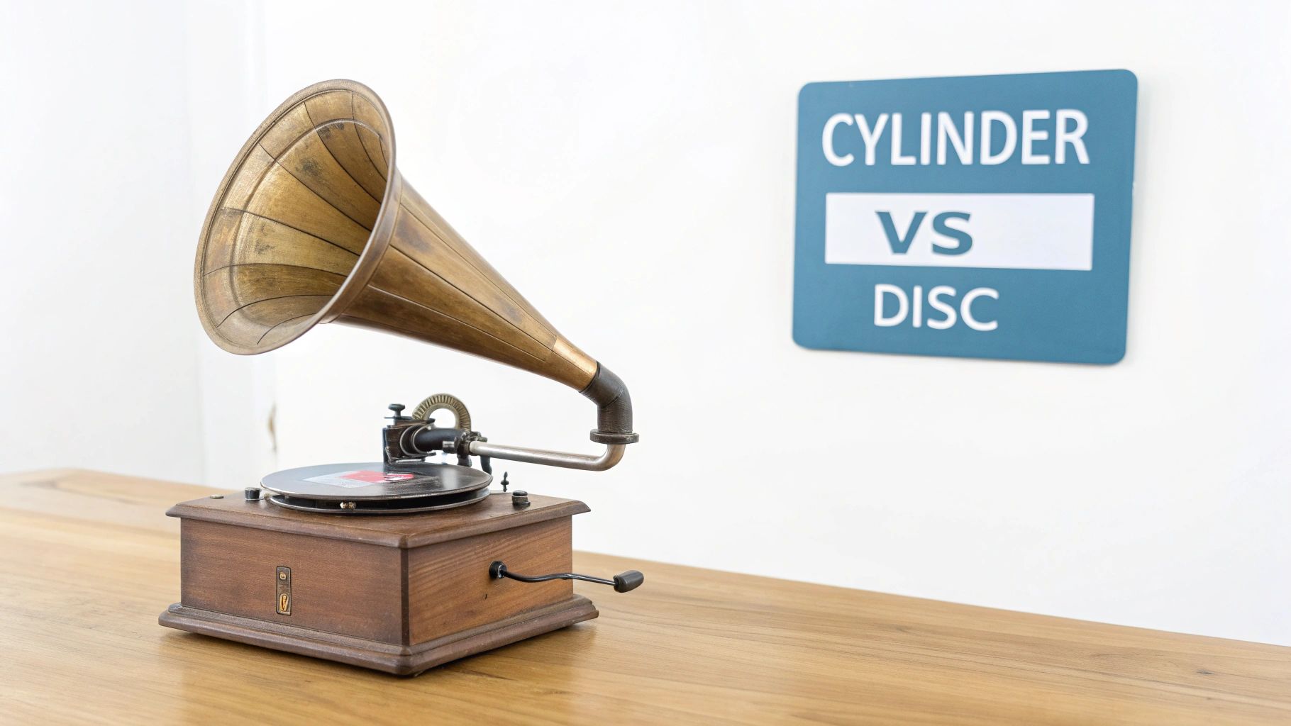 A vintage phonograph and gramophone displayed side-by-side, highlighting their distinct designs and formats.
