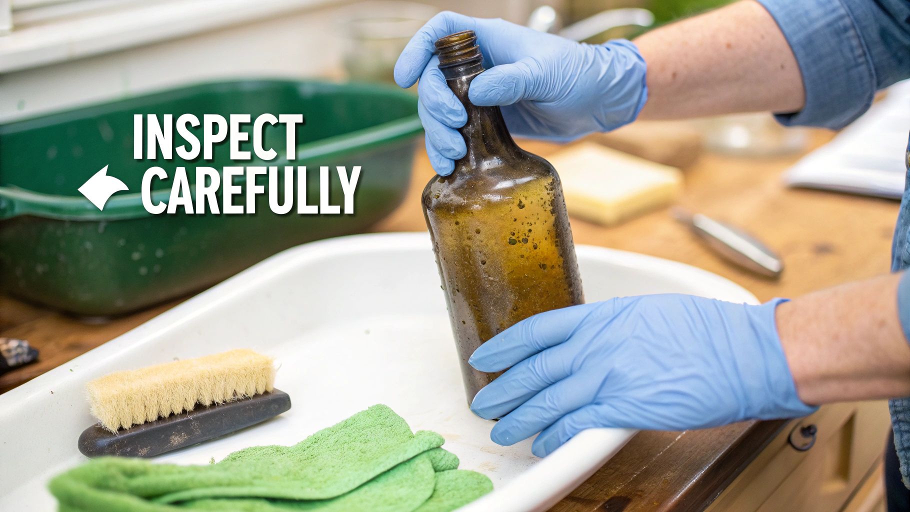 Person in blue gloves carefully cleans a dirty old glass bottle in a white basin.