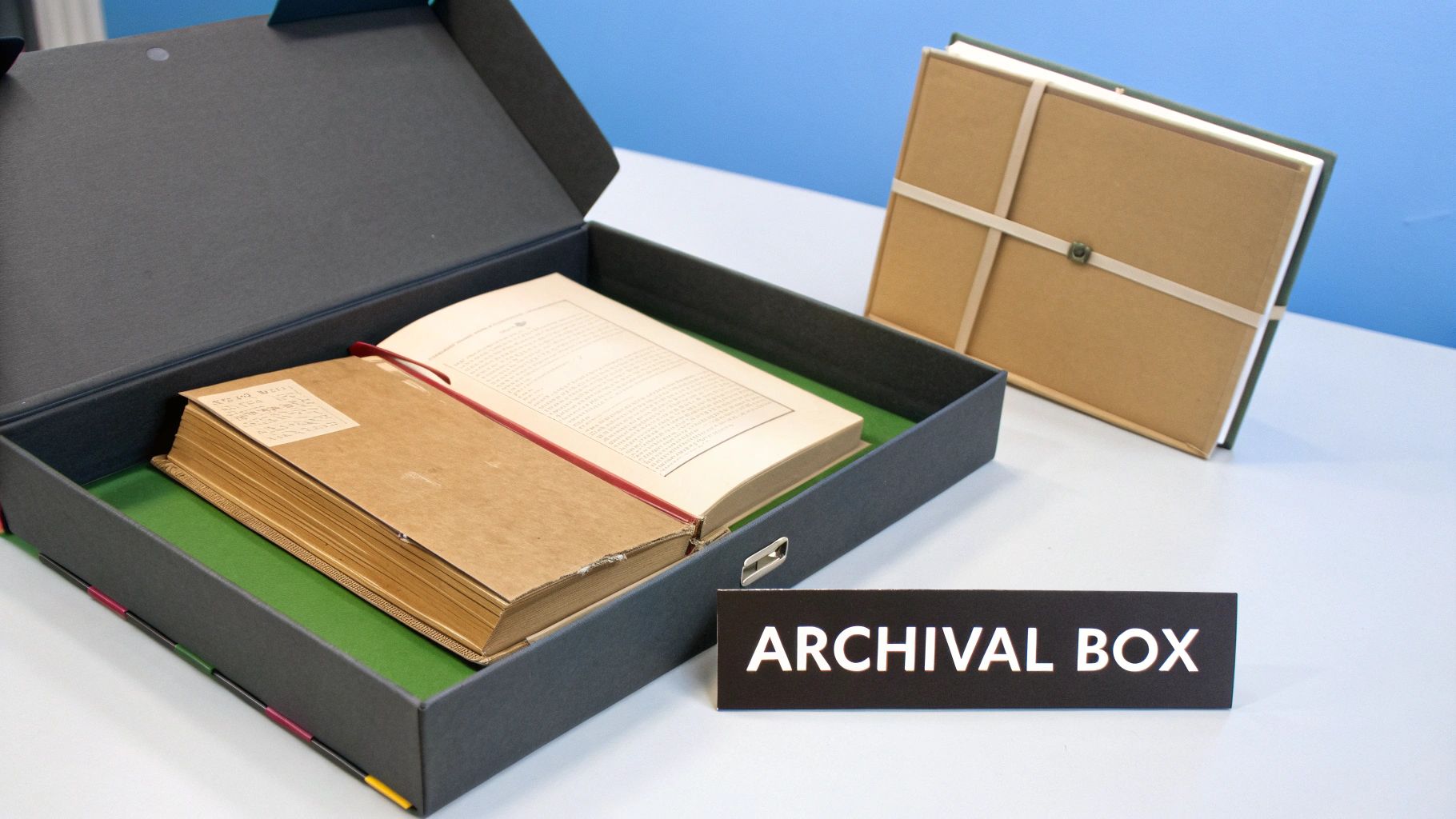 An antique book with a damaged spine being carefully placed inside a custom archival box.
