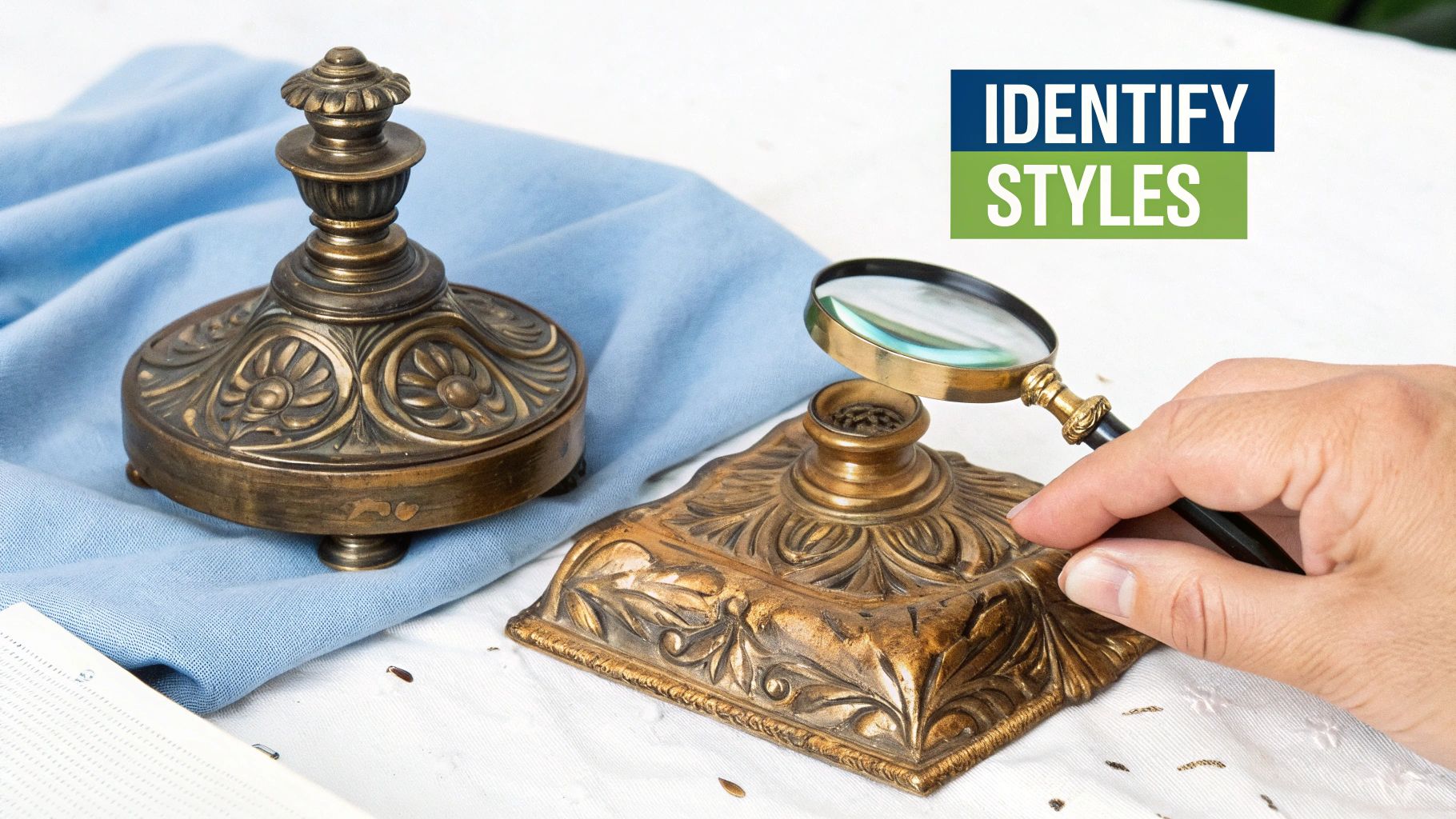 An elegant antique brass inkwell with a hinged lid on a dark desk