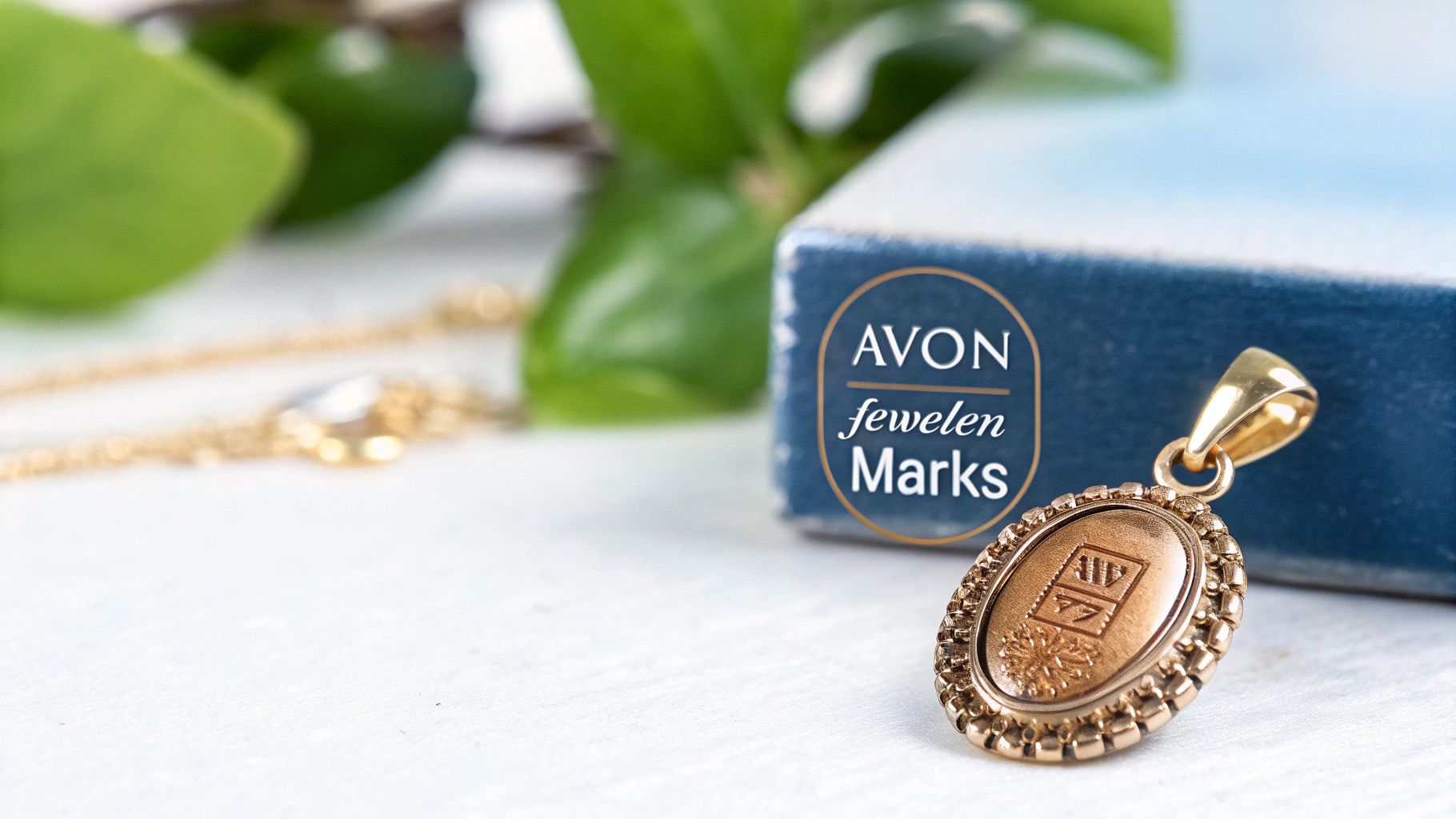 A detailed close-up of a gold oval pendant with an embossed mark, next to an Avon jewelry marks box.