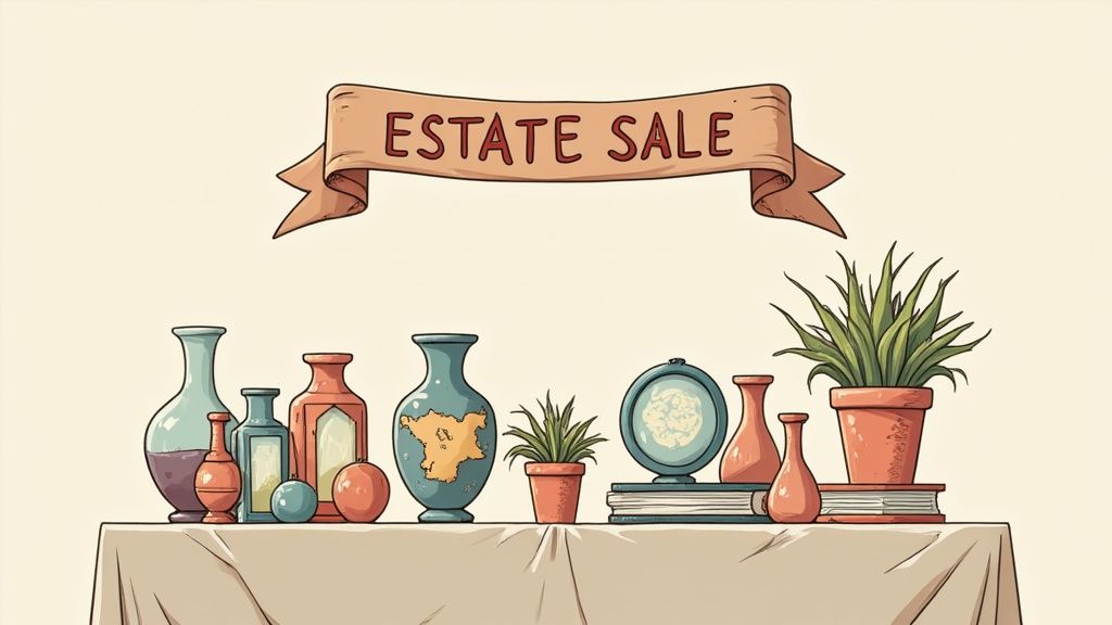 A customer examining items at a bustling estate sale, with sunlight streaming into the well-organized room.