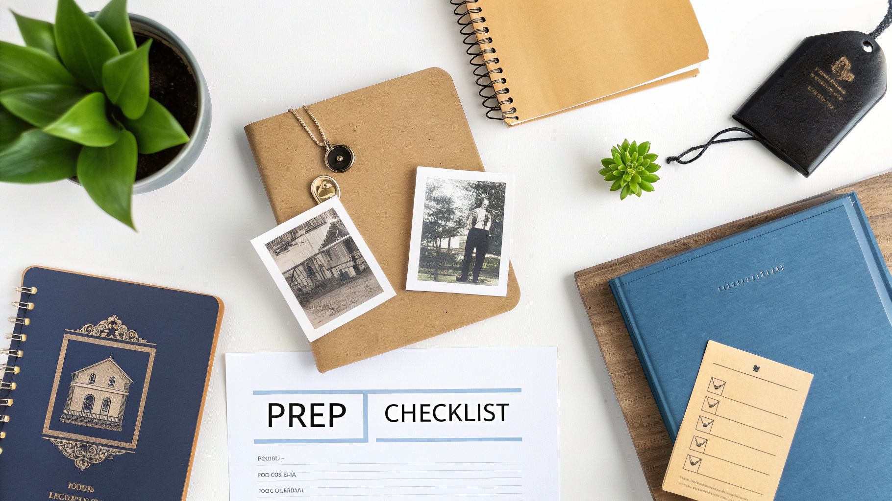 A white desk features a prep checklist, notebooks, plants, and black and white vintage photos.
