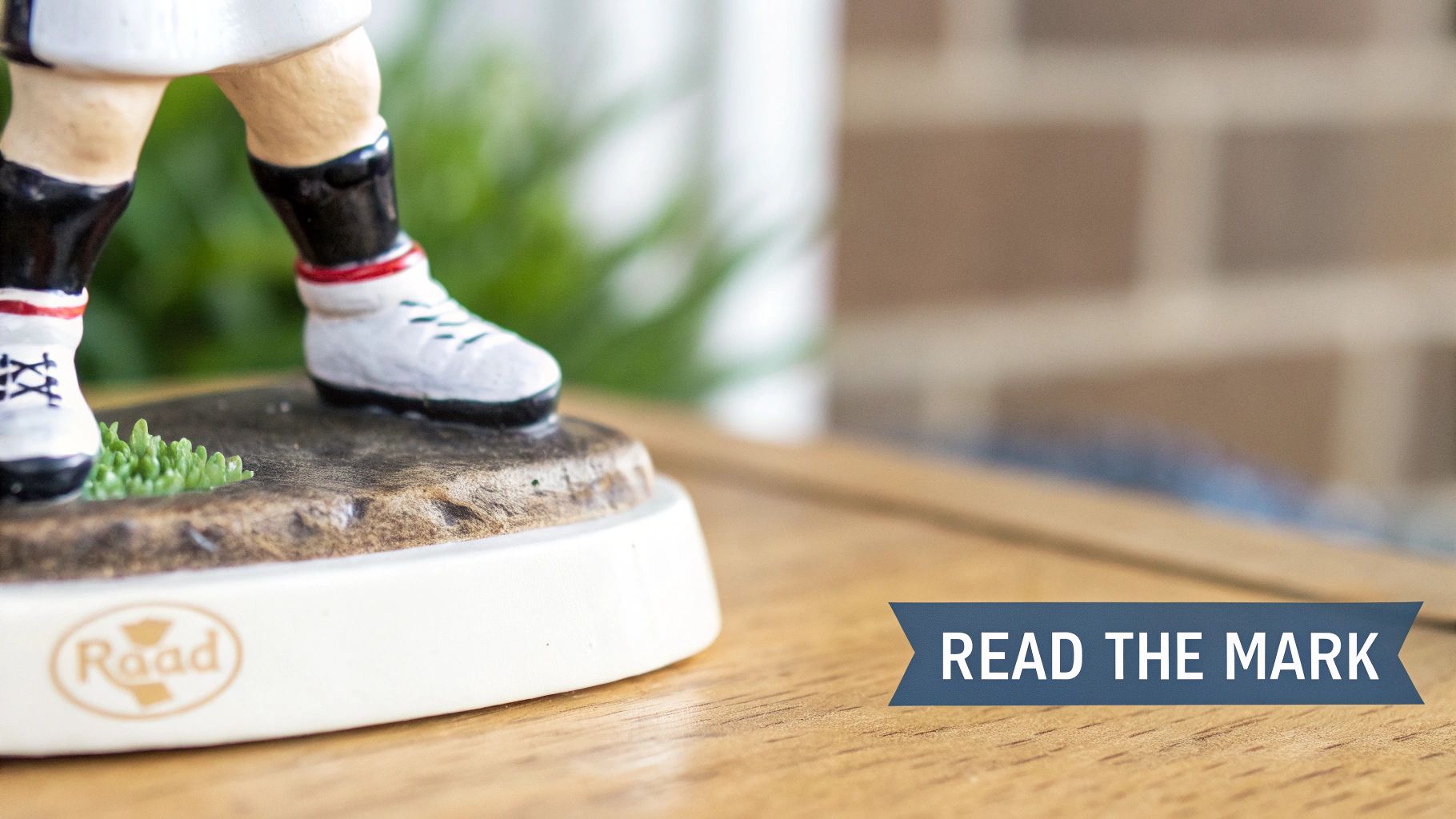 Close-up of a Raad figurine's feet on a base, with a 'READ THE MARK' banner.