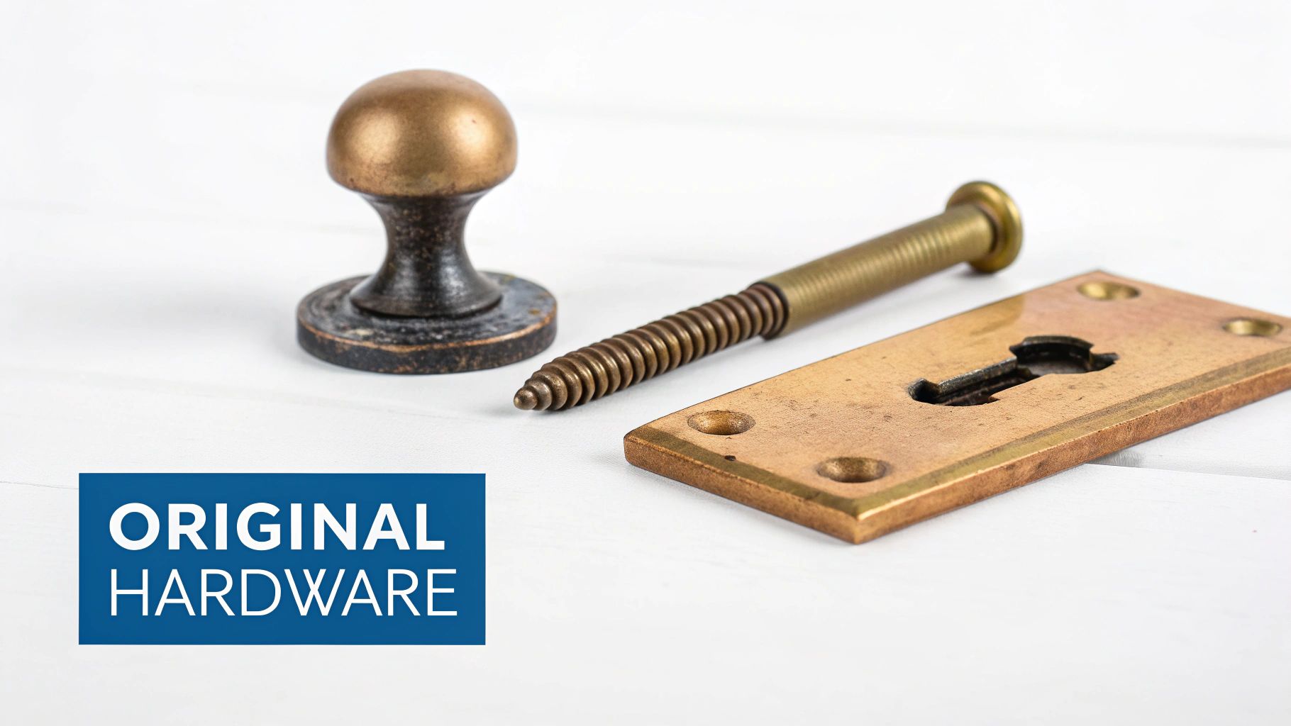 Close-up of three pieces of aged brass hardware: a door knob, threaded spindle, and keyhole escutcheon plate.