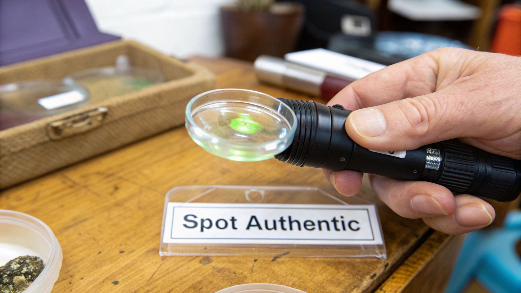 A hand holds a device illuminating a green substance in a clear dish, with a 'Spot Authentic' sign nearby.