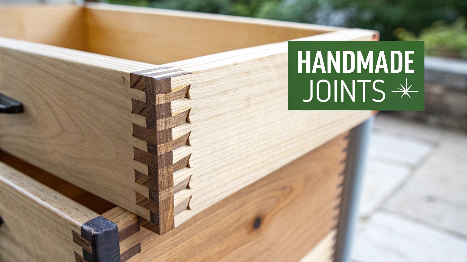 Close-up of a wooden drawer showcasing intricate handmade dovetail joints in contrasting light and dark wood.