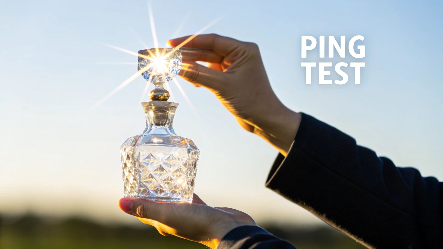 A person's hands hold an antique crystal glass decanter with a shining stopper against a bright sky.