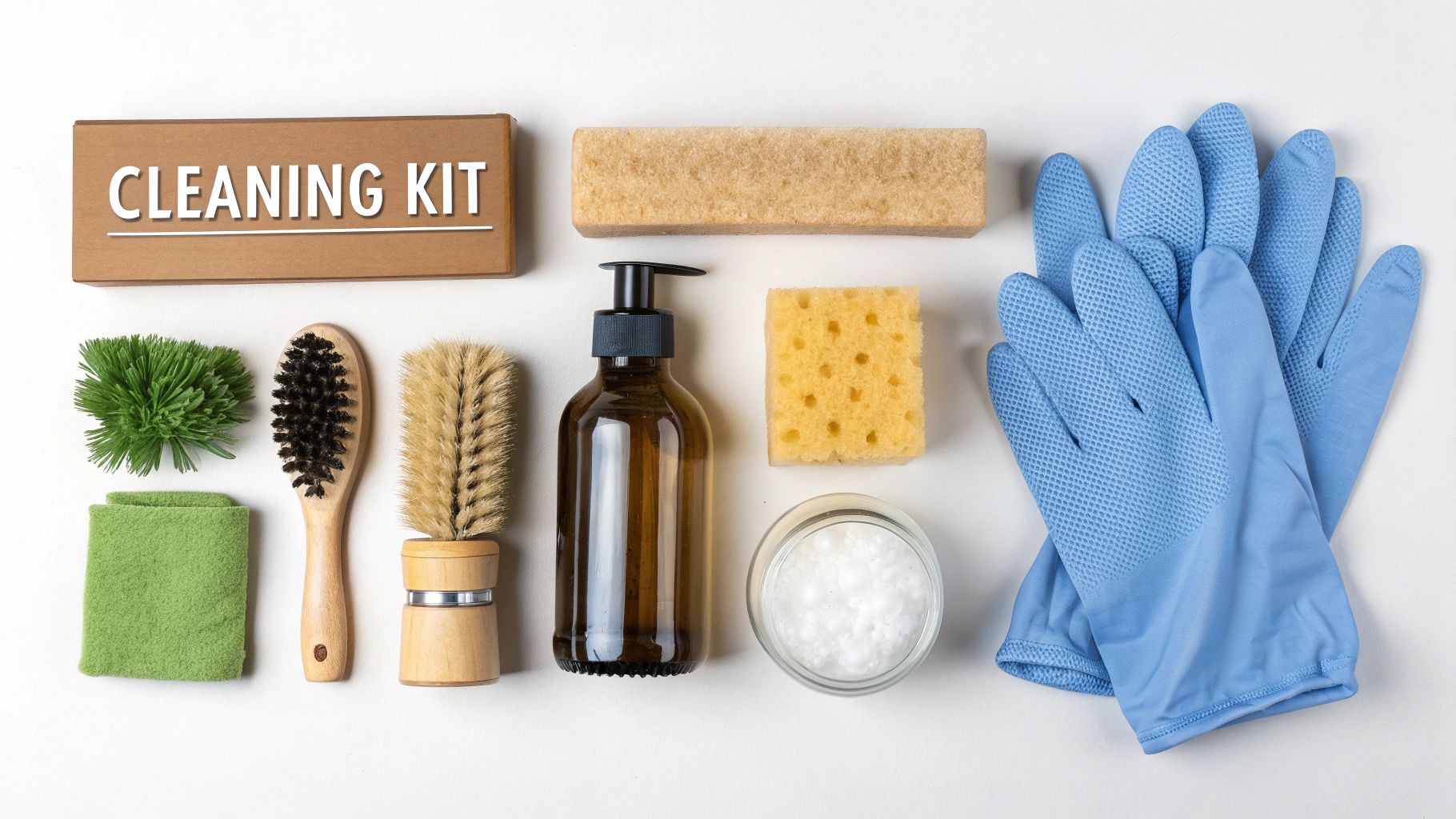 A collection of cleaning supplies including brushes, microfiber cloths, white vinegar, and a bowl of rice on a wooden table.