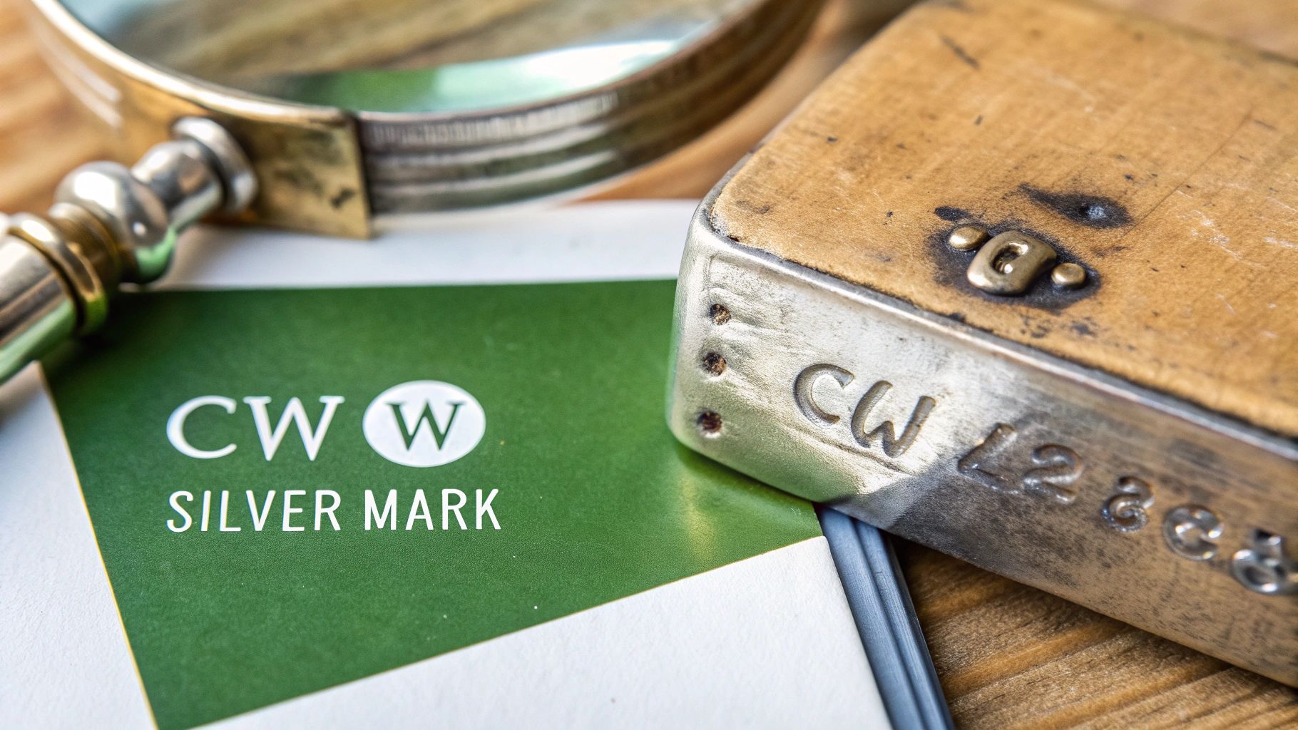 Close-up of a magnifying glass, a 'CW SILVER MARK' document, and an engraved metal object.