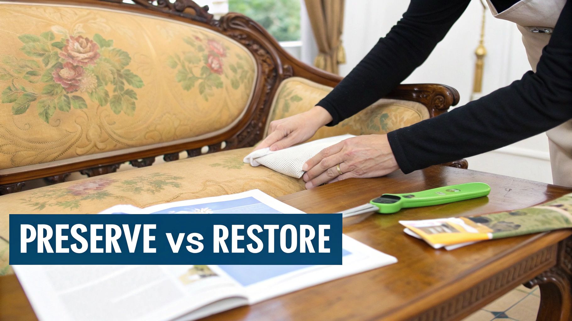 Person's hands gently clean a floral-patterned Victorian sofa, focusing on antique furniture care.