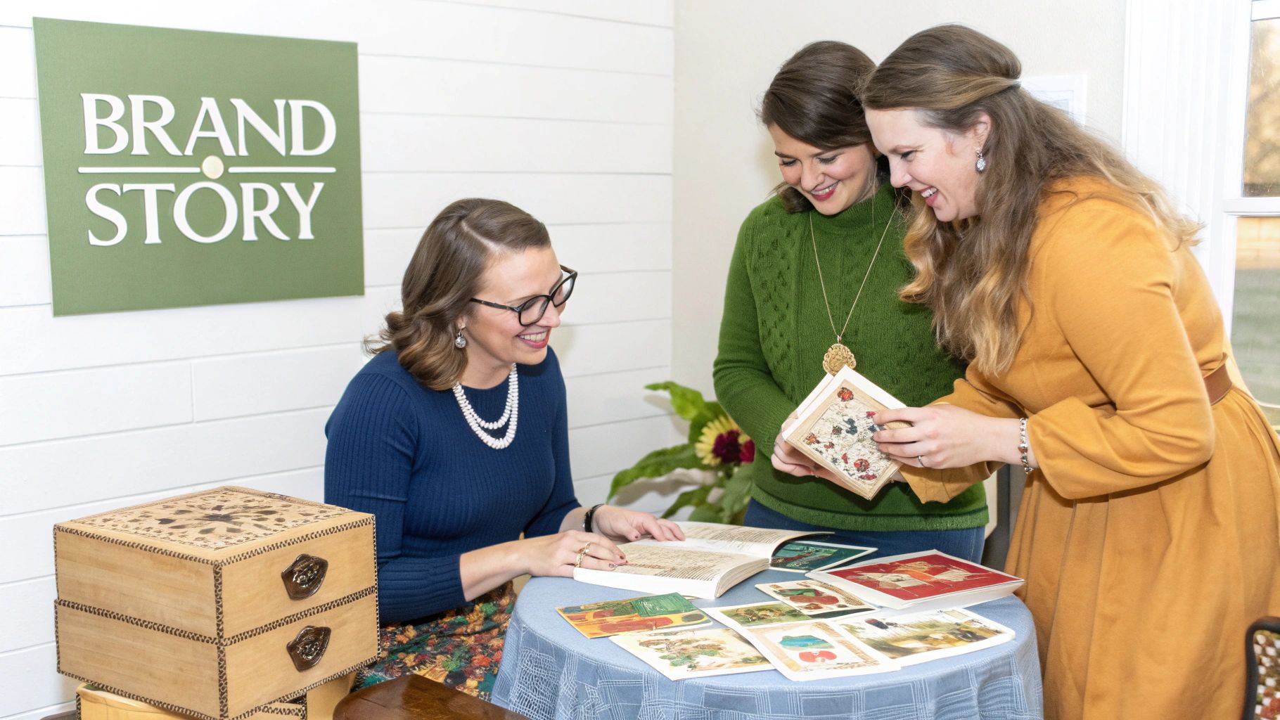 Three happy women examining vintage books and artistic prints at a creative gathering.