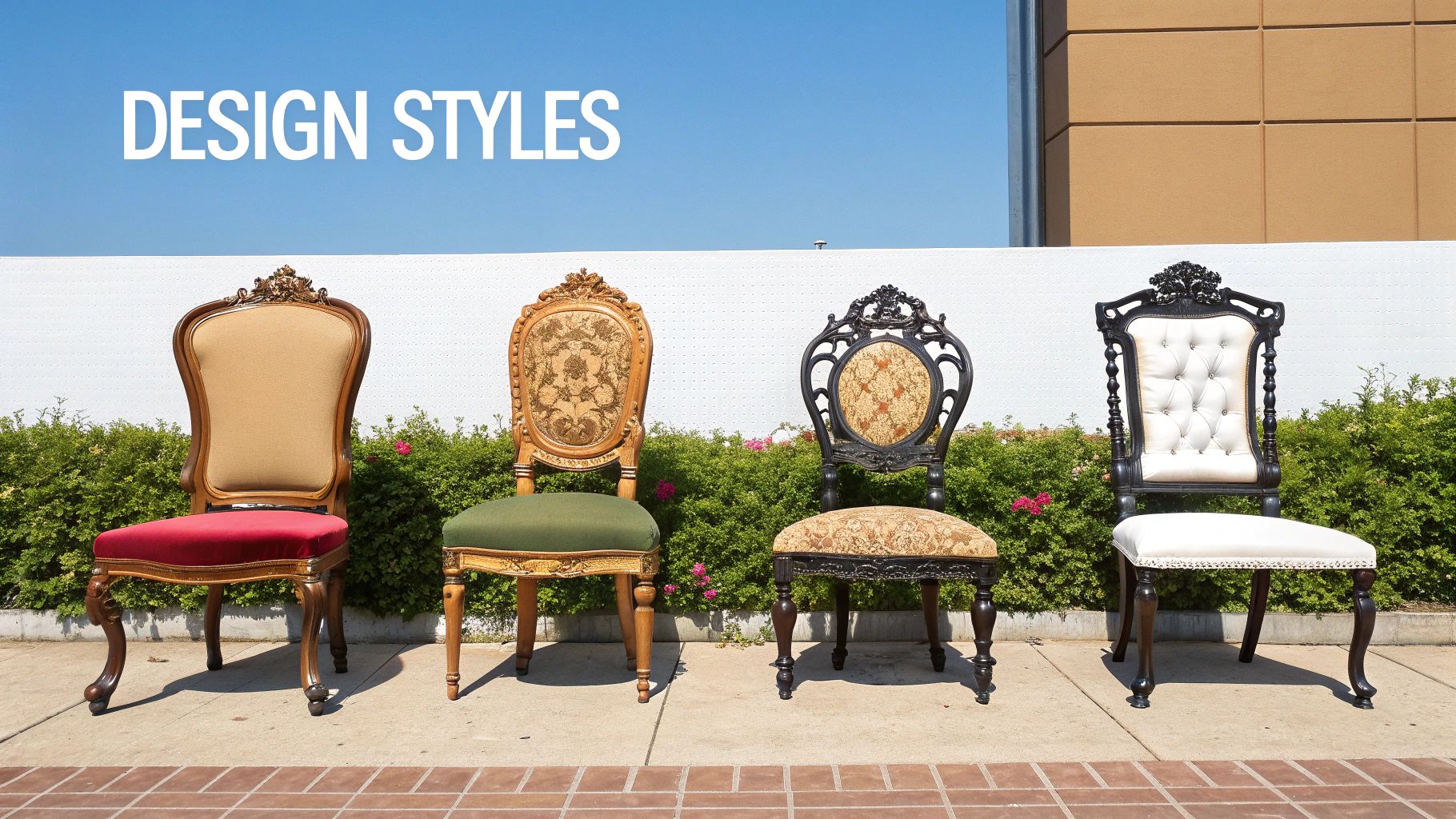 Four ornate Victorian era chairs with carved wooden frames and upholstered seats displayed outdoors