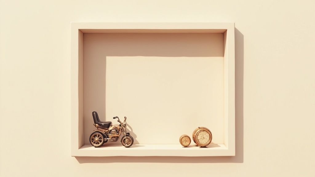 A collection of military medals, a folded flag, and patches arranged neatly within a wooden shadow box.