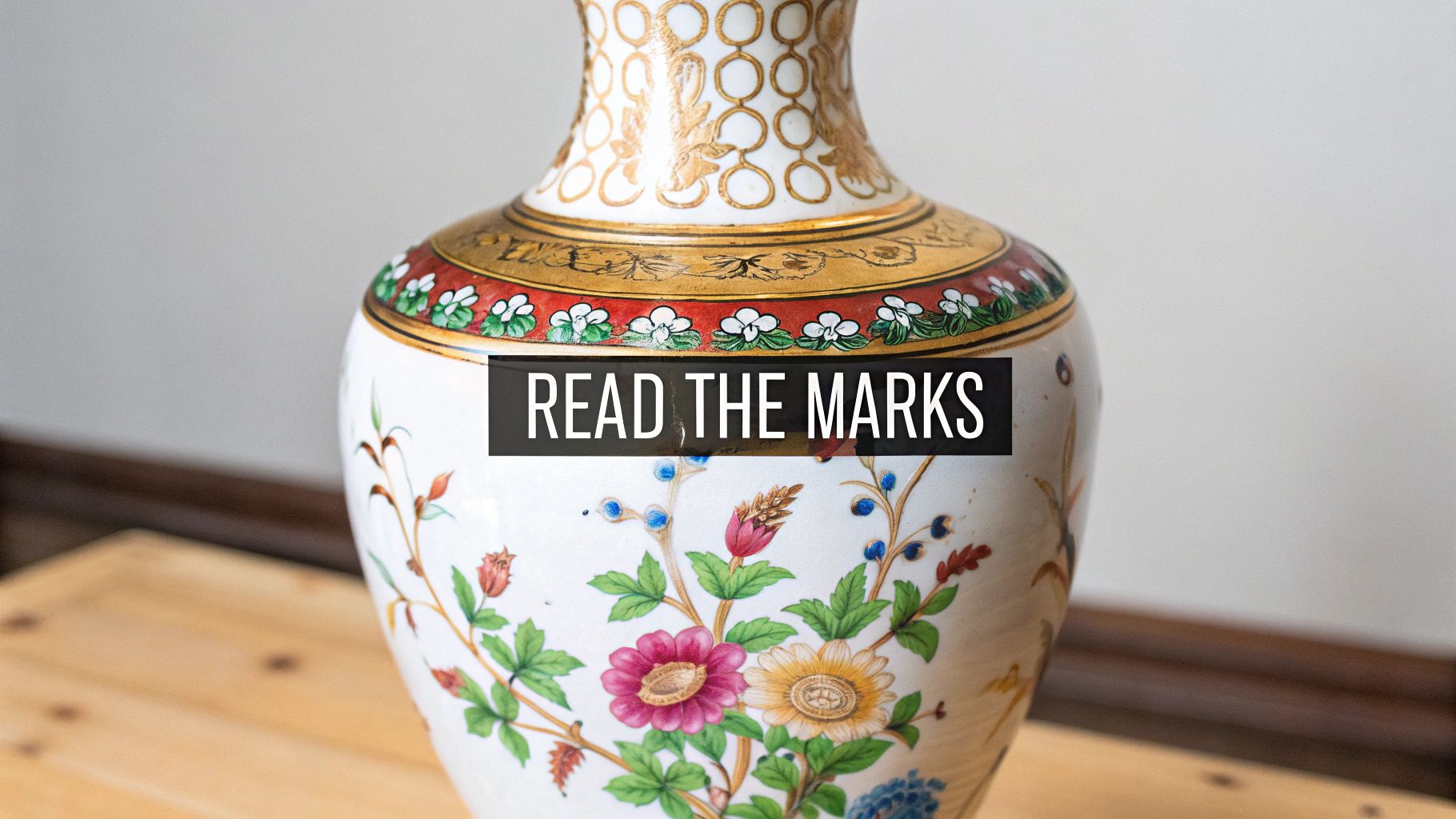 Close-up of an intricately decorated antique porcelain vase with colorful floral and geometric patterns.