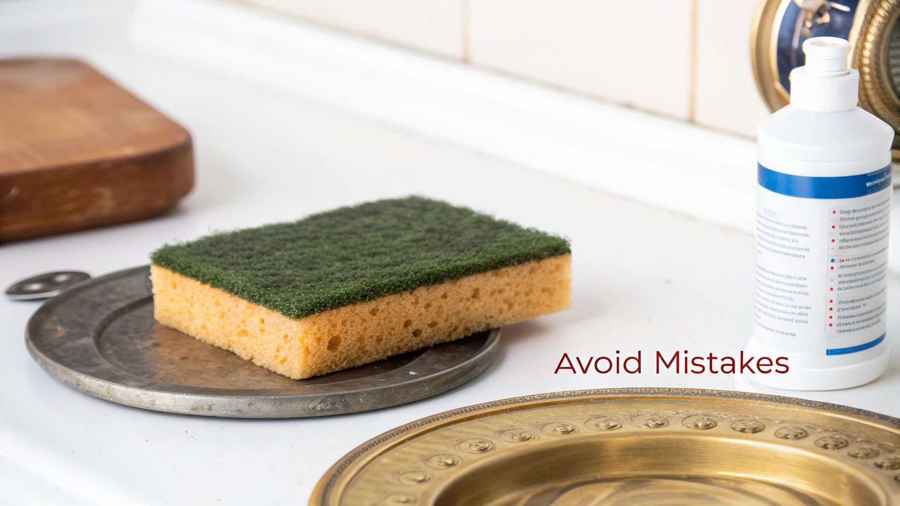 Close-up shot of a damaged antique brass piece showing pink stains of dezincification.