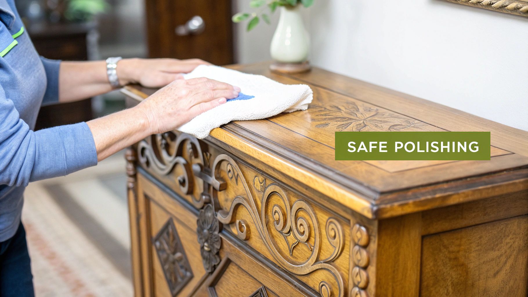 A person applying wax to a beautifully finished antique wooden table with a soft cloth.
