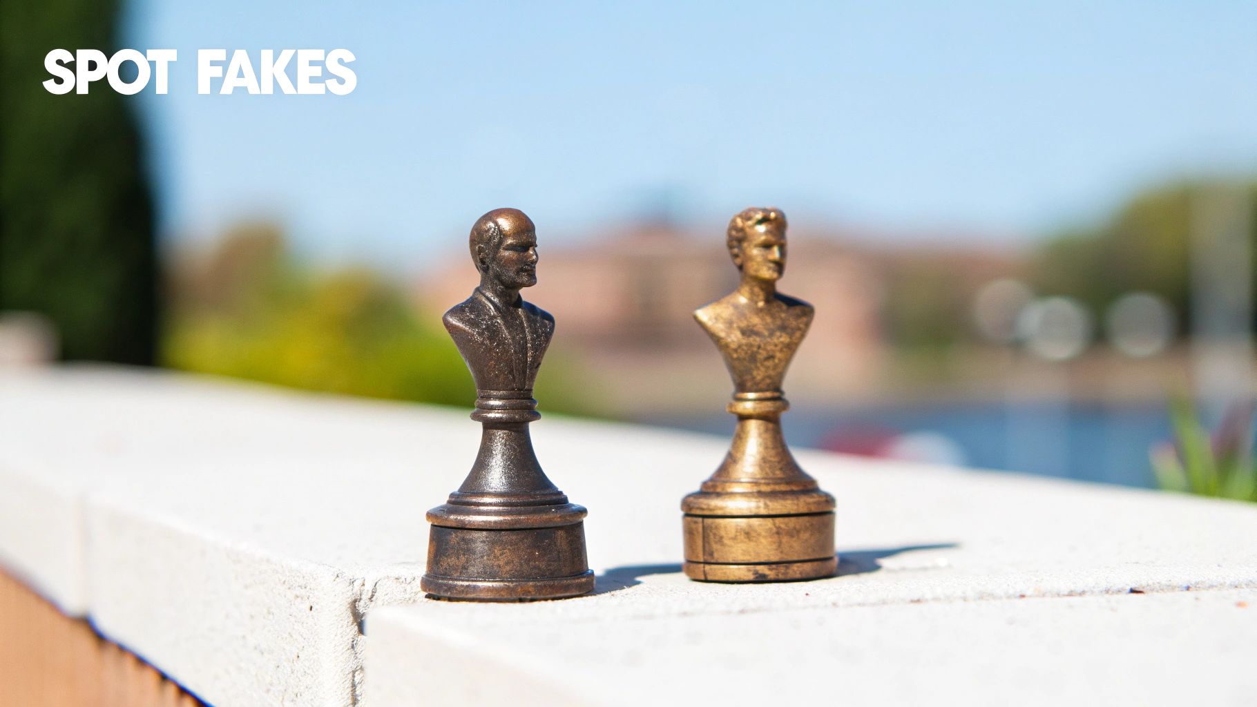 Two detailed bronze chess pieces, busts of men, stand on a concrete wall outdoors under blue sky.
