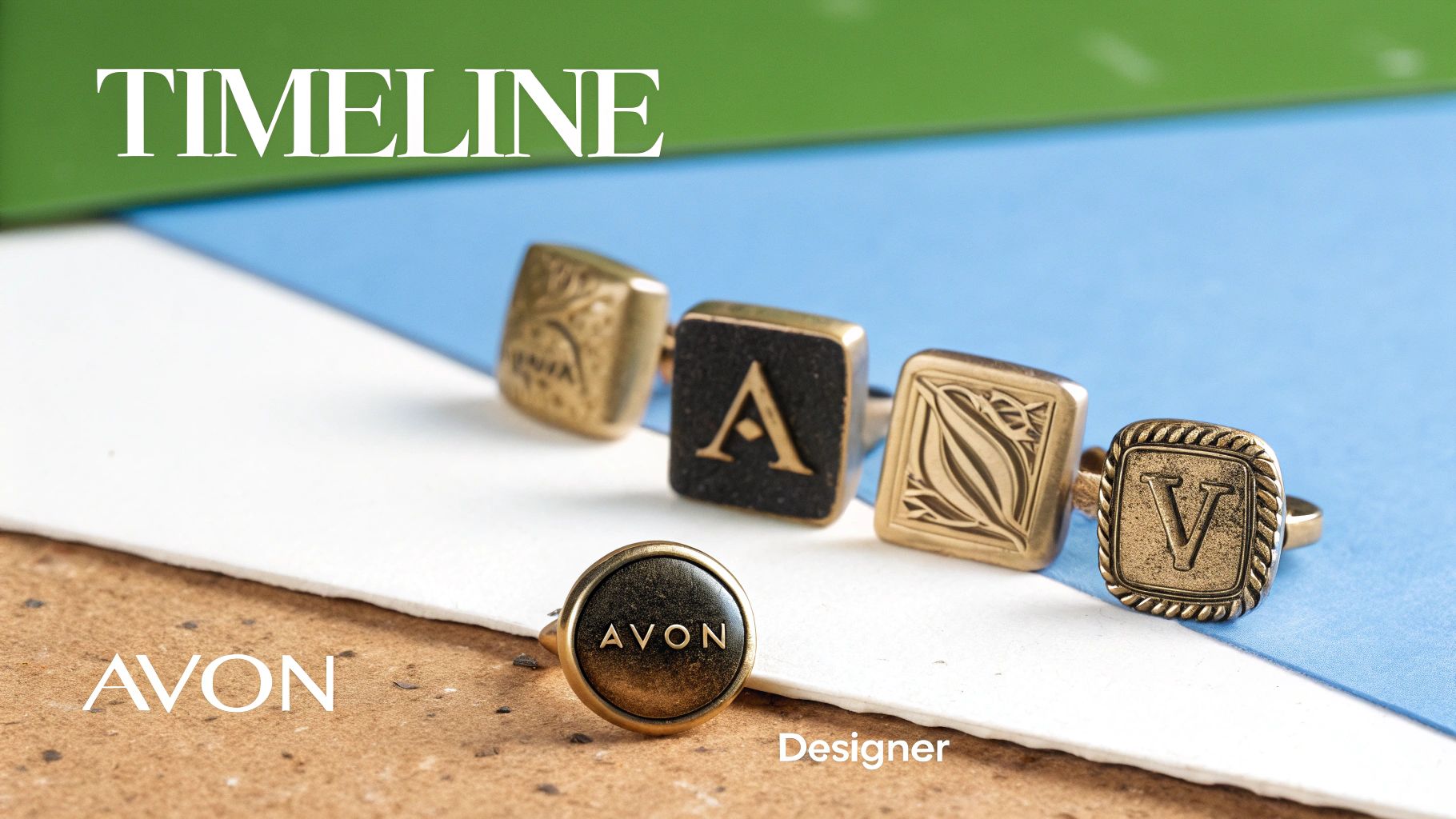 Five antique gold rings, including an Avon branded ring and initial rings, displayed on a colorful background.
