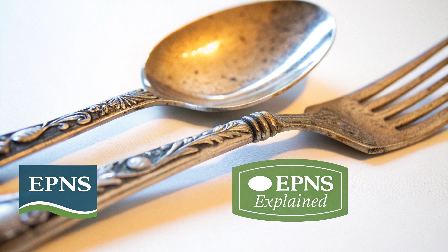 Close-up of ornate, tarnished silver spoon and fork on a white surface, with EPNS logos.