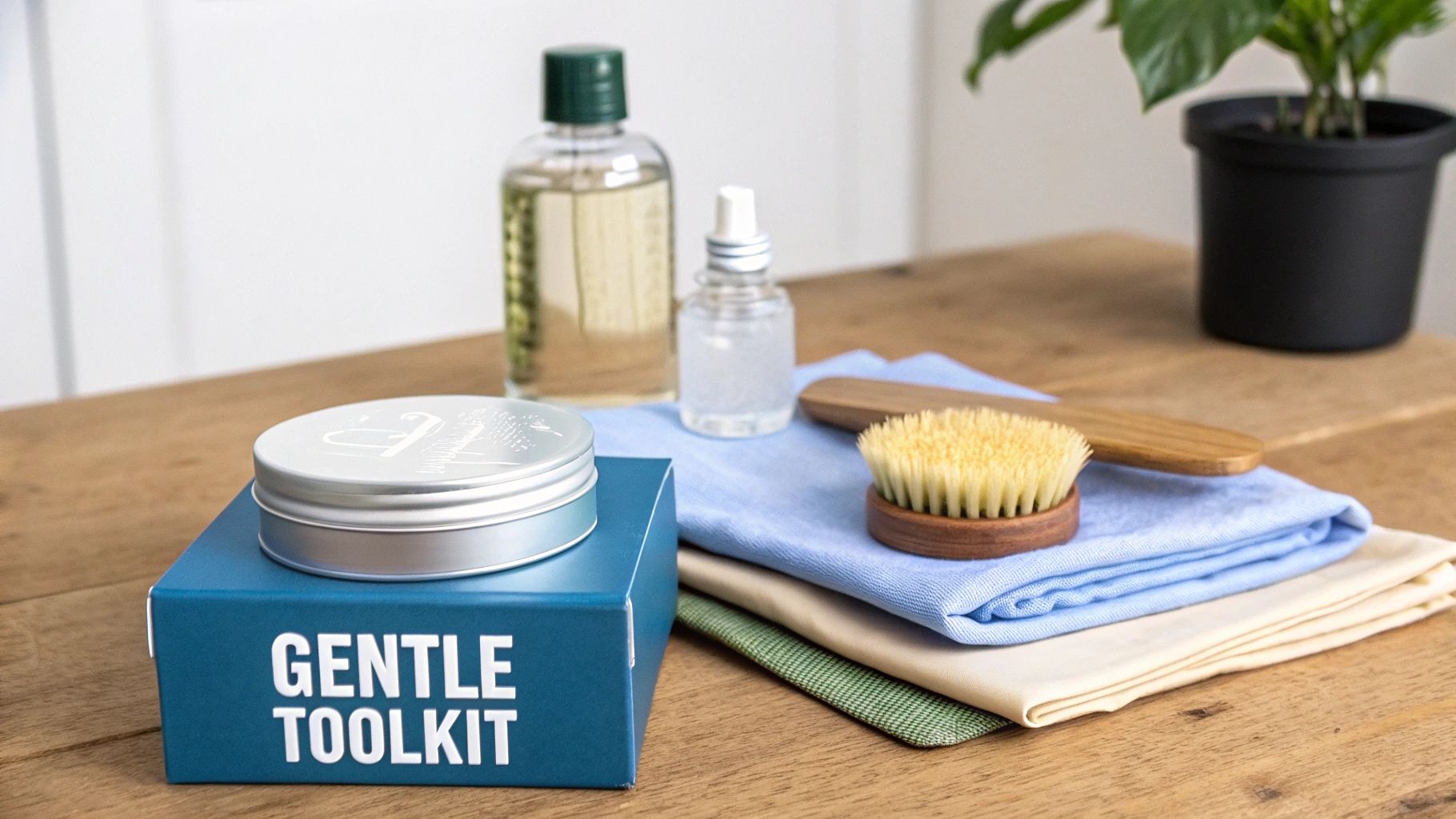 A 'Gentle Toolkit' box with cleaning supplies, including bottles, a brush, and cloths, on a wooden table.