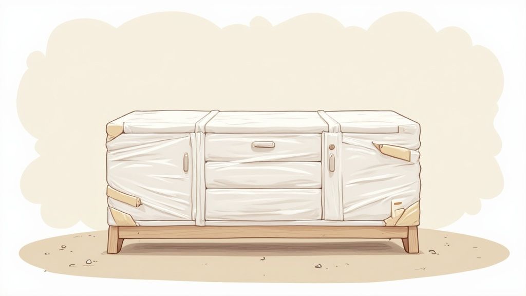 A professional mover carefully wrapping an antique armchair in protective blankets.