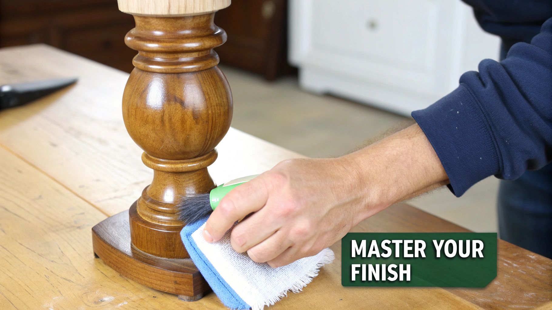 A person's hand uses a brush and cloth to clean a decorative wooden furniture leg.