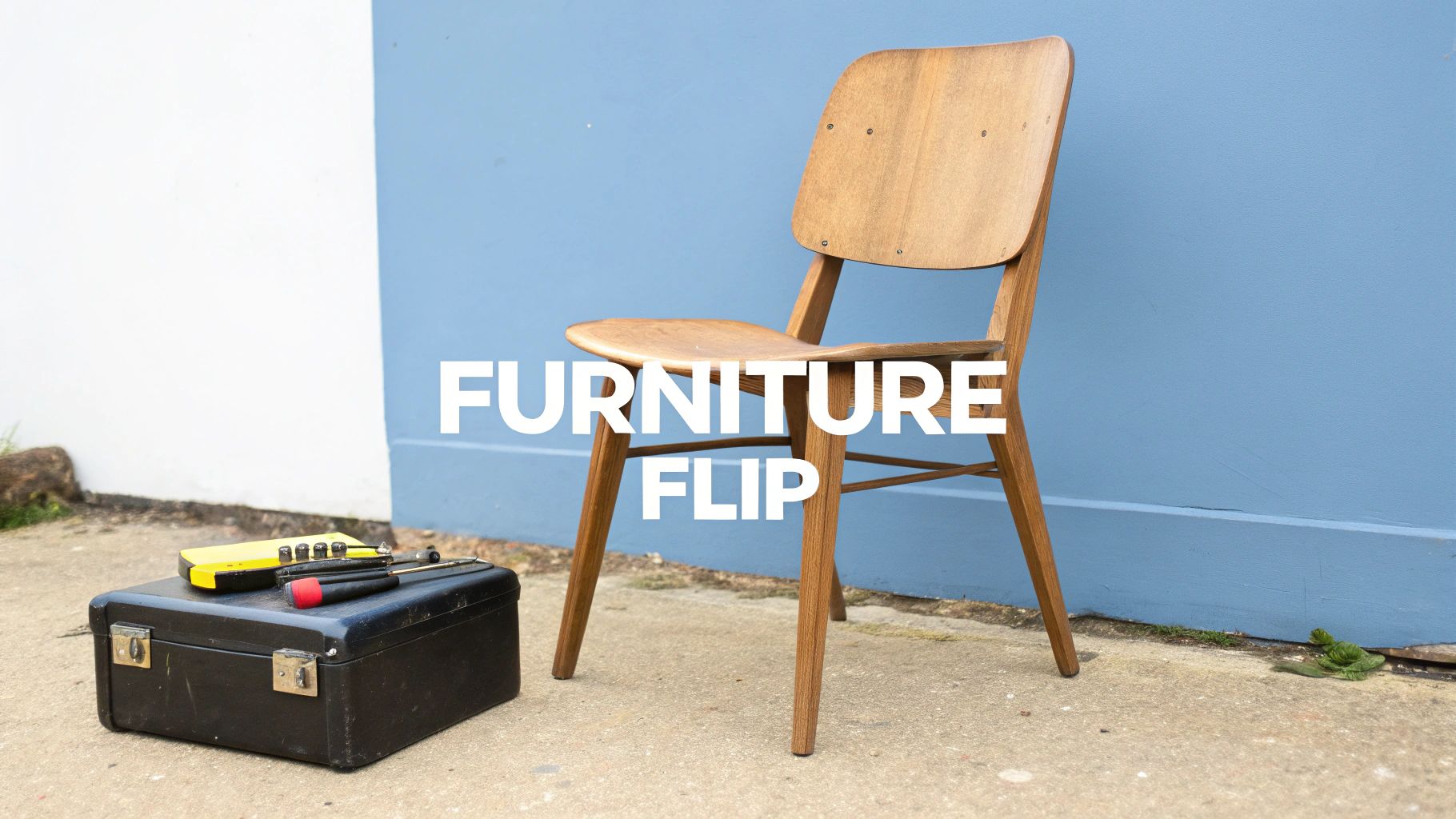 A wooden chair and a toolbox with various tools sit on a concrete surface, ready for a furniture flip project.
