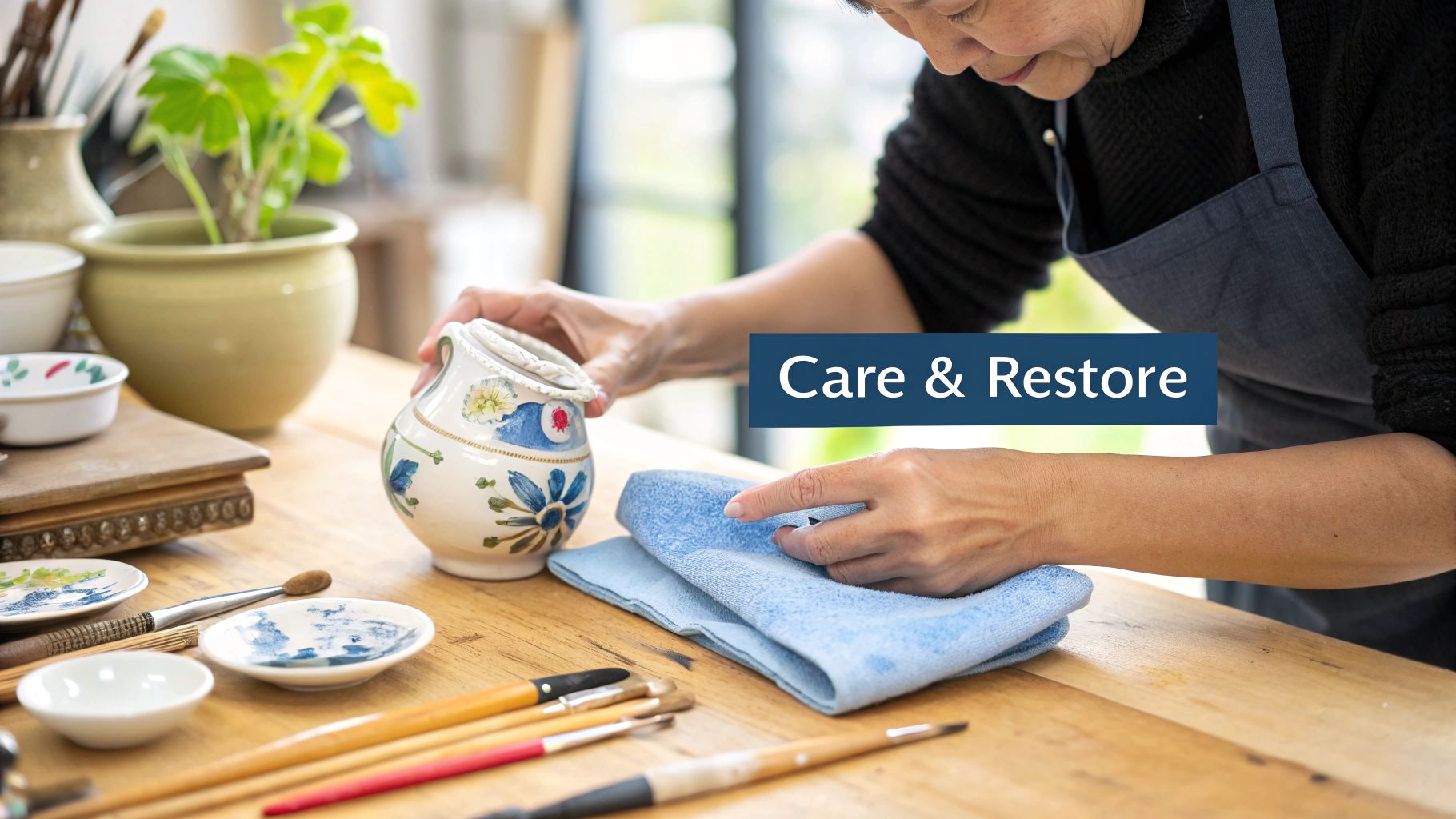 A person in an apron carefully cleans a hand-painted ceramic pot with a blue towel, indicating care and restoration.