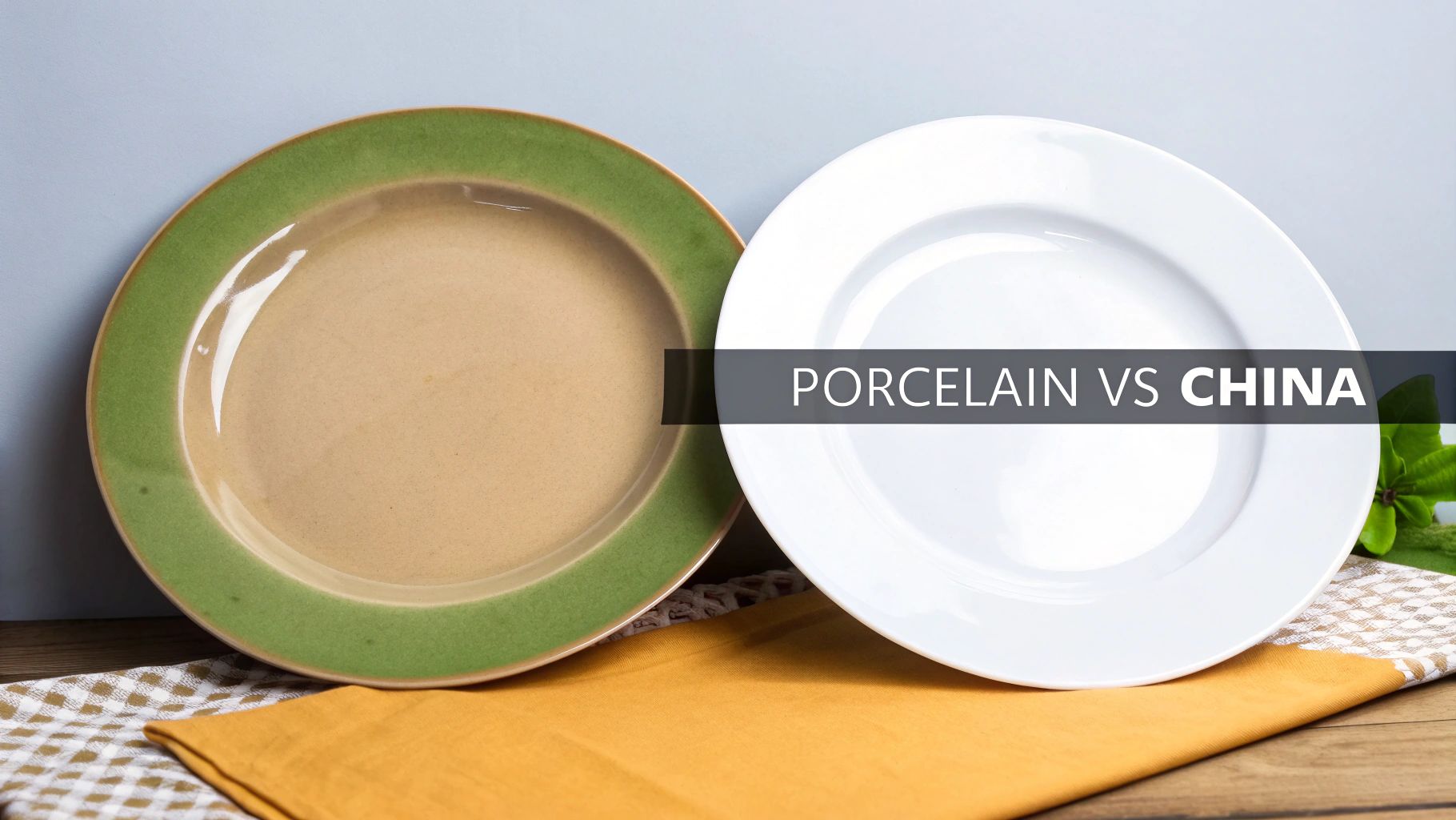 Two plates, one green-rimmed and one white, illustrating the difference between porcelain and china.