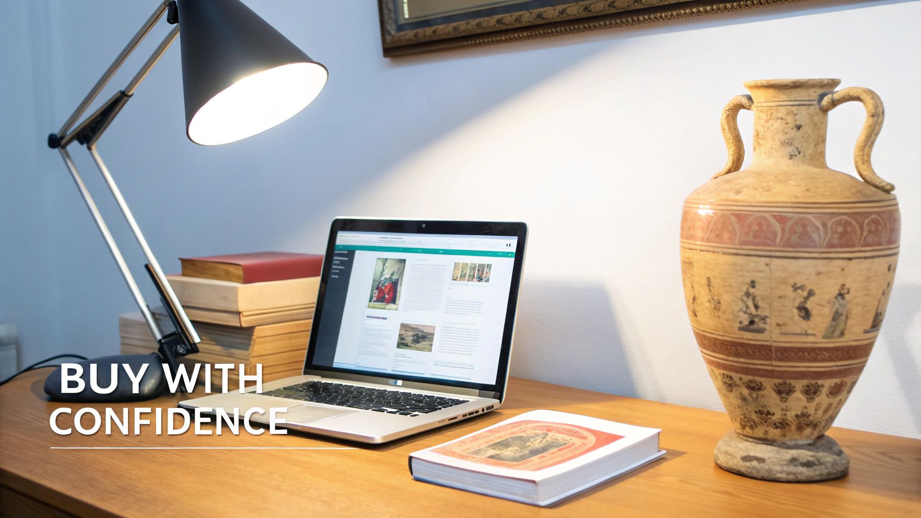 An individual carefully examines an antique Italian vase in a well-lit shop